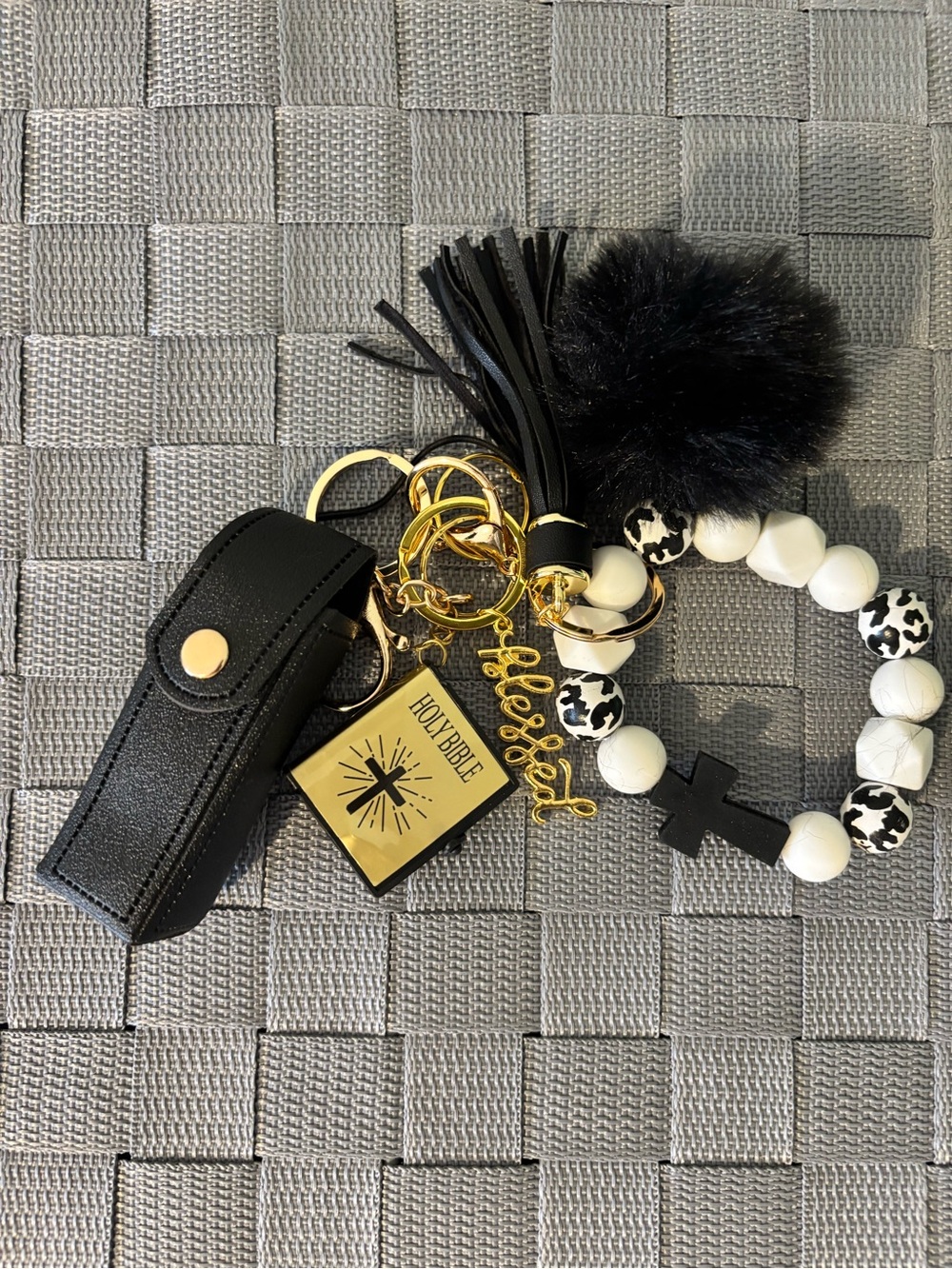 Black Beaded Pom Keychain with Cross and Gold Accents